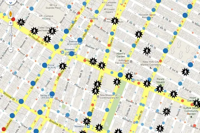 An example of the data available on CrashStat.org. The blue dots are pedestrian accidents, the red dots are bicycle accidents. The star-shapes represent fatalities.
